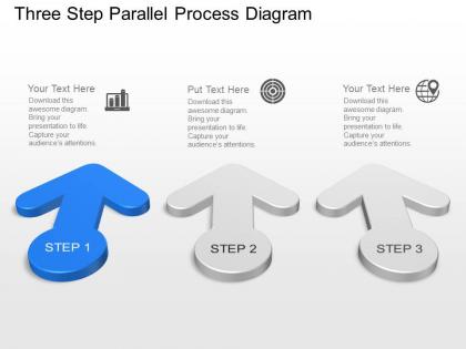 Three step parallel process diagram powerpoint template slide