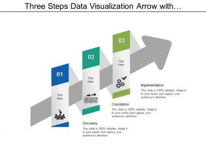 Three steps data visualization arrow with discovery conception and implementation