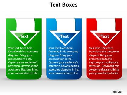 Three stylish text boxes blue green red with arrows ppt slides presentation diagrams templates powerpoint info graphics