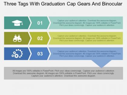 Three tags with graduation cap gears and binocular flat powerpoint design