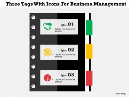 Three tags with icons for business management flat powerpoint design