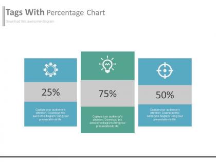 Three tags with percentage chart and icons powerpoint slides