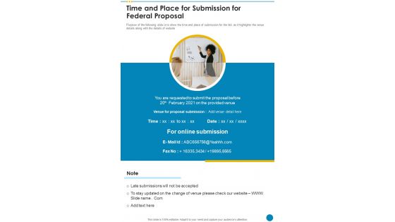 Time And Place For Submission For Federal Proposal One Pager Sample Example Document