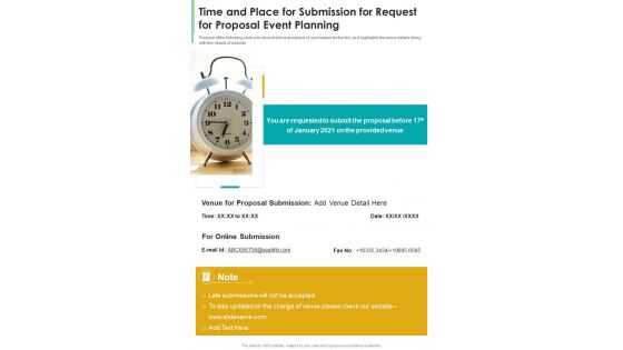 Time And Place For Submission For Request For Proposal Event Planning One Pager Sample Example Document