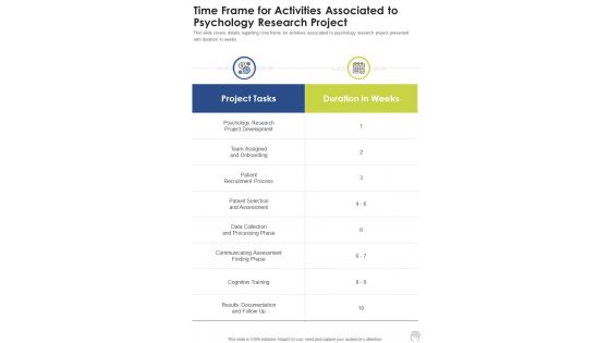 Time Frame For Activities Associated To Psychology Research Project One Pager Sample Example Document