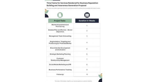 Time Frame For Services Rendered For Business Reputation Building One Pager Sample Example Document
