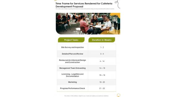 Time Frame For Services Rendered For Cafeteria Development Proposal One Pager Sample Example Document