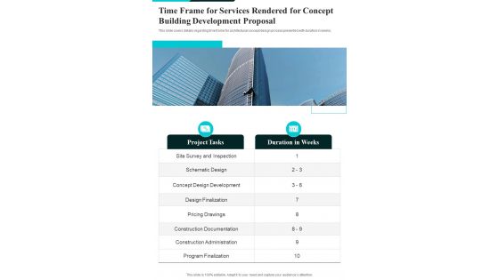 Time Frame For Services Rendered For Concept Building One Pager Sample Example Document