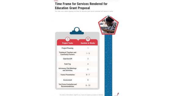 Time Frame For Services Rendered For Education Grant Proposal One Pager Sample Example Document