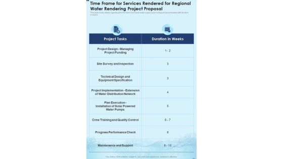 Time Frame For Services Rendered For Regional Water Rendering Project One Pager Sample Example Document