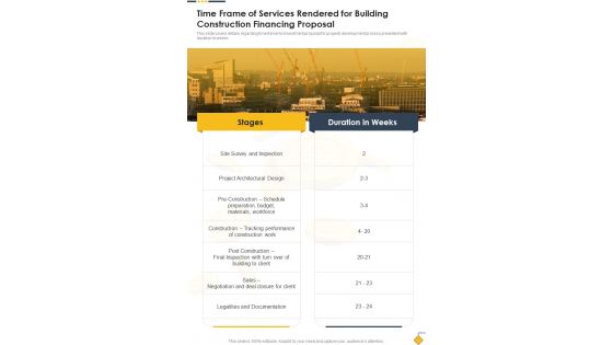 Time Frame Of Services Rendered For Building Construction Financing One Pager Sample Example Document