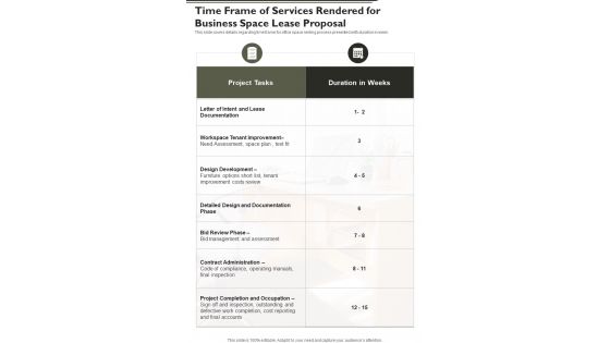 Time Frame Of Services Rendered For Business Space Lease Proposal One Pager Sample Example Document