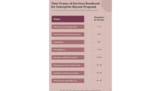 Time Frame Of Services Rendered For Enterprise Buyout Proposal One Pager Sample Example Document