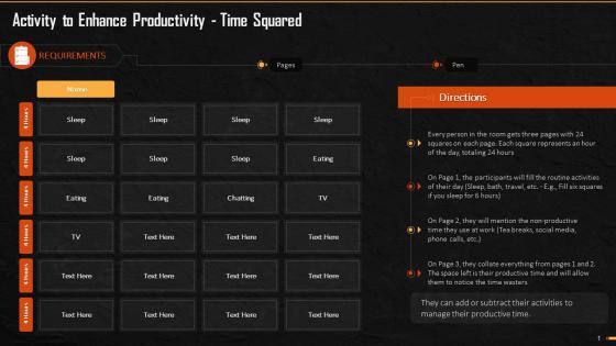 Time Squared Activity To Measure And Enhance Productivity Training Ppt