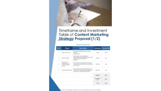 Timeframe And Investment Table Of Content Marketing Strategy One Pager Sample Example Document