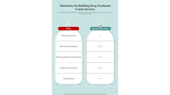 Timeframe For Building Drug Treatment Center Services One Pager Sample Example Document