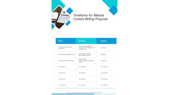 Timeframe For Website Content Writing Proposal One Pager Sample Example Document