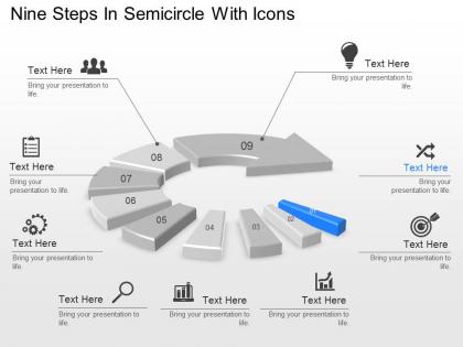 To nine steps in semicircle with icons powerpoint template slide