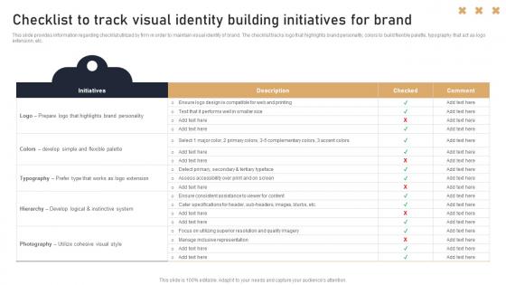 Toolkit To Handle Brand Identity Checklist To Track Visual Identity Building Initiatives For Brand