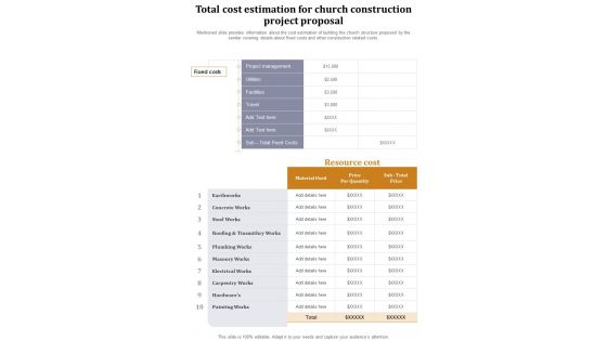 Total Cost Estimation For Church Construction Project Proposal One Pager Sample Example Document