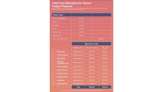 Total Cost Estimation For Church Project Proposal One Pager Sample Example Document