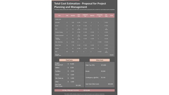 Total Cost Estimation For Project Planning And Management One Pager Sample Example Document