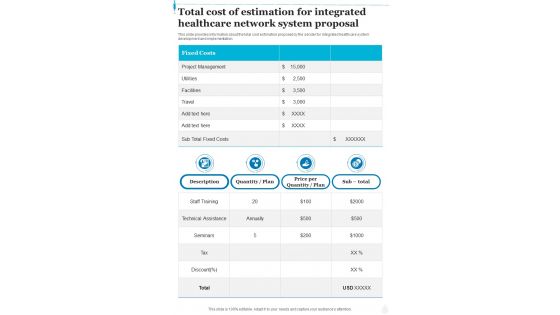Total Cost Of Estimation For Integrated Healthcare Network System One Pager Sample Example Document