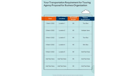 Touring Agency Business Organization Your Transportation Requirement One Pager Sample Example Document