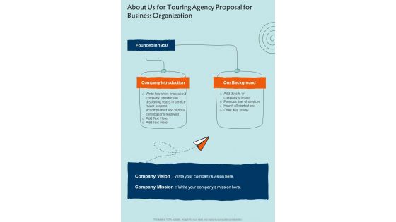 Touring Agency Proposal For Business Organization For About Us One Pager Sample Example Document