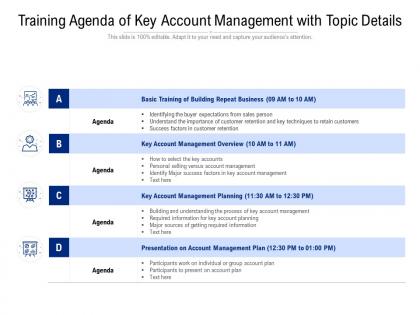 Training agenda of key account management with topic details