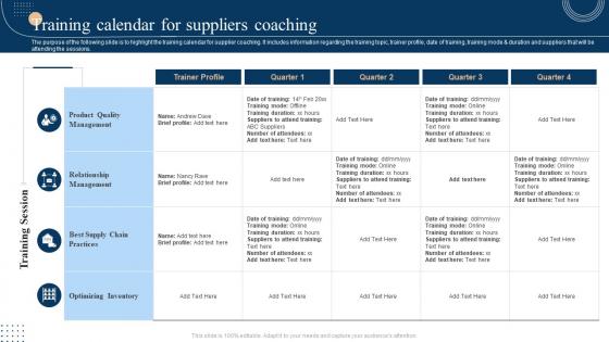 Training Calendar For Suppliers Coaching Strategic Sourcing And Vendor Quality Enhancement Plan
