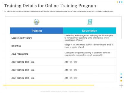 Training details for online training program office ppt powerpoint presentation visual aids