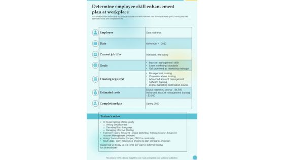 Training Playbook Template Determine Employee Skill One Pager Sample Example Document