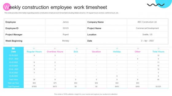 Transforming Architecture Playbook Weekly Construction Employee Work Timesheet