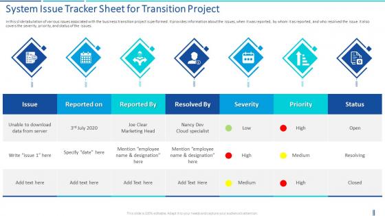 Transition plan system issue tracker sheet for transition project