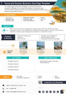 Travel and tourism business one page template presentation report infographic ppt pdf document