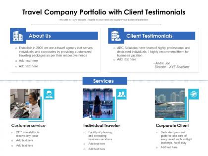 Travel company portfolio with client testimonials