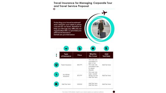 Travel Insurance For Managing Corporate Tour And Travel Service One Pager Sample Example Document