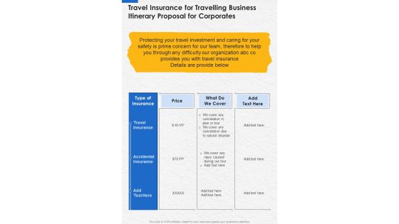 Travel Insurance For Travelling Business Itinerary Proposal Corporates One Pager Sample Example Document