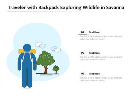 Traveler with backpack exploring wildlife in savanna