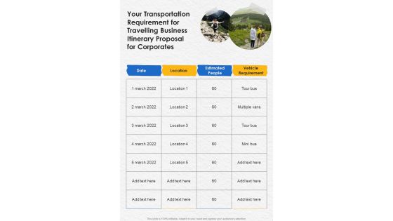 Travelling Business Itinerary Corporates Transportation Requirement One Pager Sample Example Document