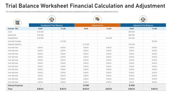Trial balance worksheet financial calculation and adjustment