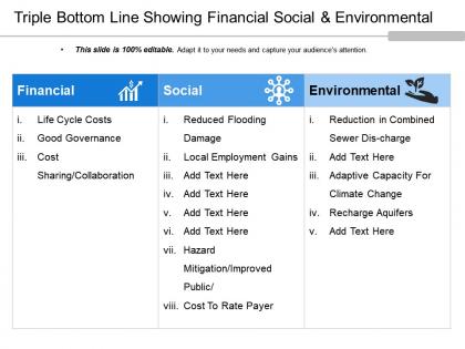 Triple bottom line showing financial social and environmental