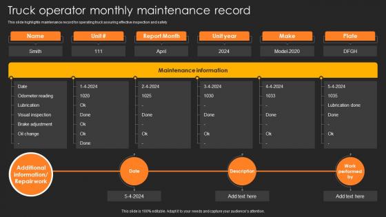 Truck Operator Monthly Maintenance Record