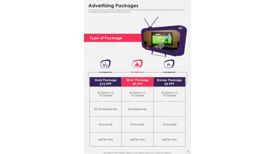 Tv Advertisement Service Proposal Advertising Packages One Pager Sample Example Document