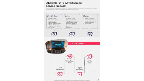 Tv Advertisement Service Proposal For About Us One Pager Sample Example Document