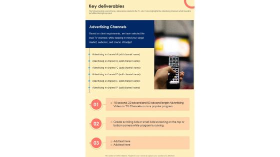 TV Promotional Campaign Key Deliverables One Pager Sample Example Document