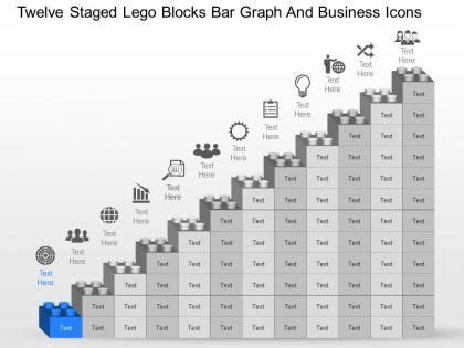 Twelve staged lego blocks bar graph and business icons powerpoint template slide