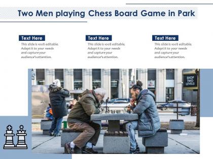 Two men playing chess board game in park