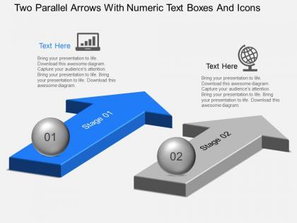 Two parallel arrows with numeric text boxes and icons powerpoint template slide